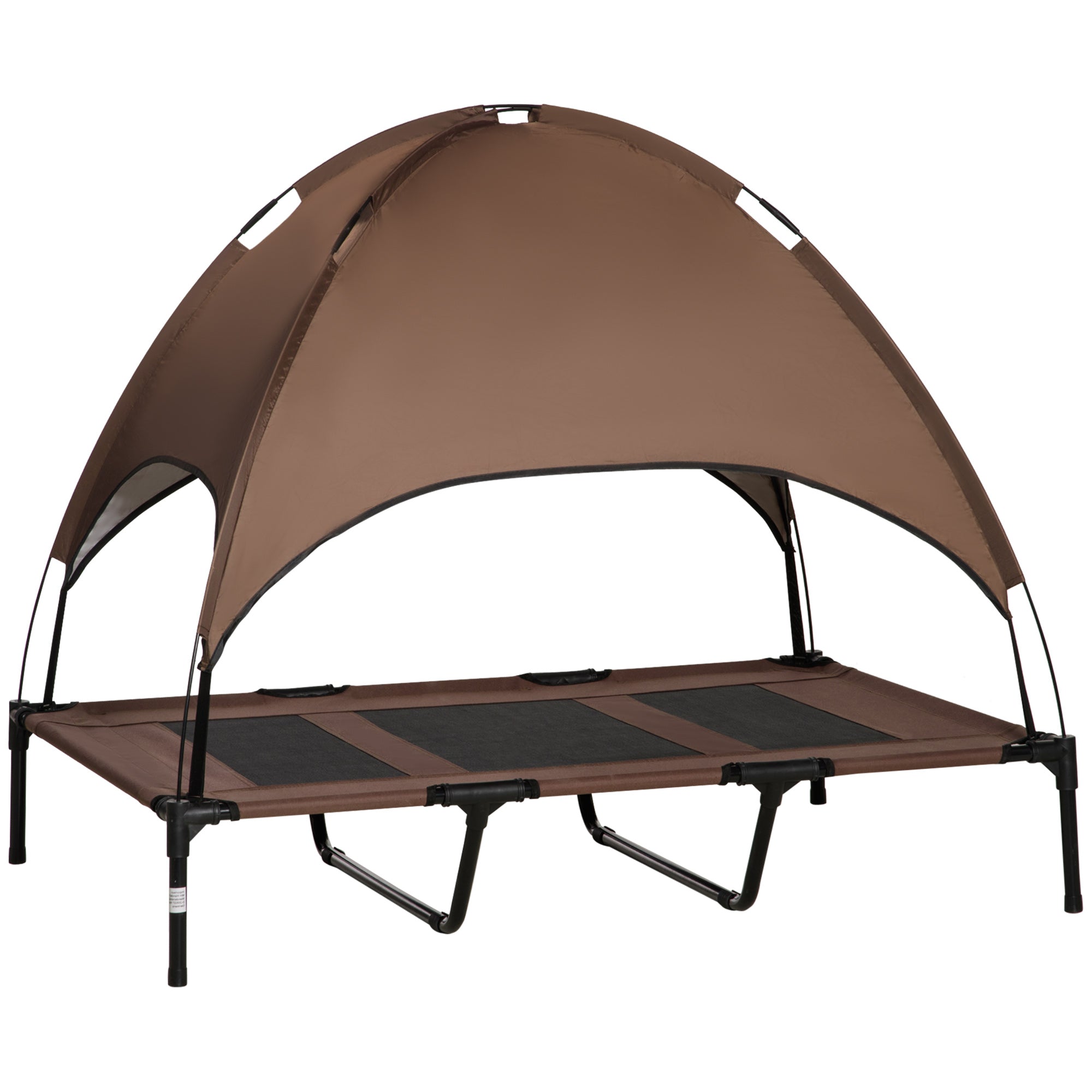 Brown camping pet cot with canopy on a white background